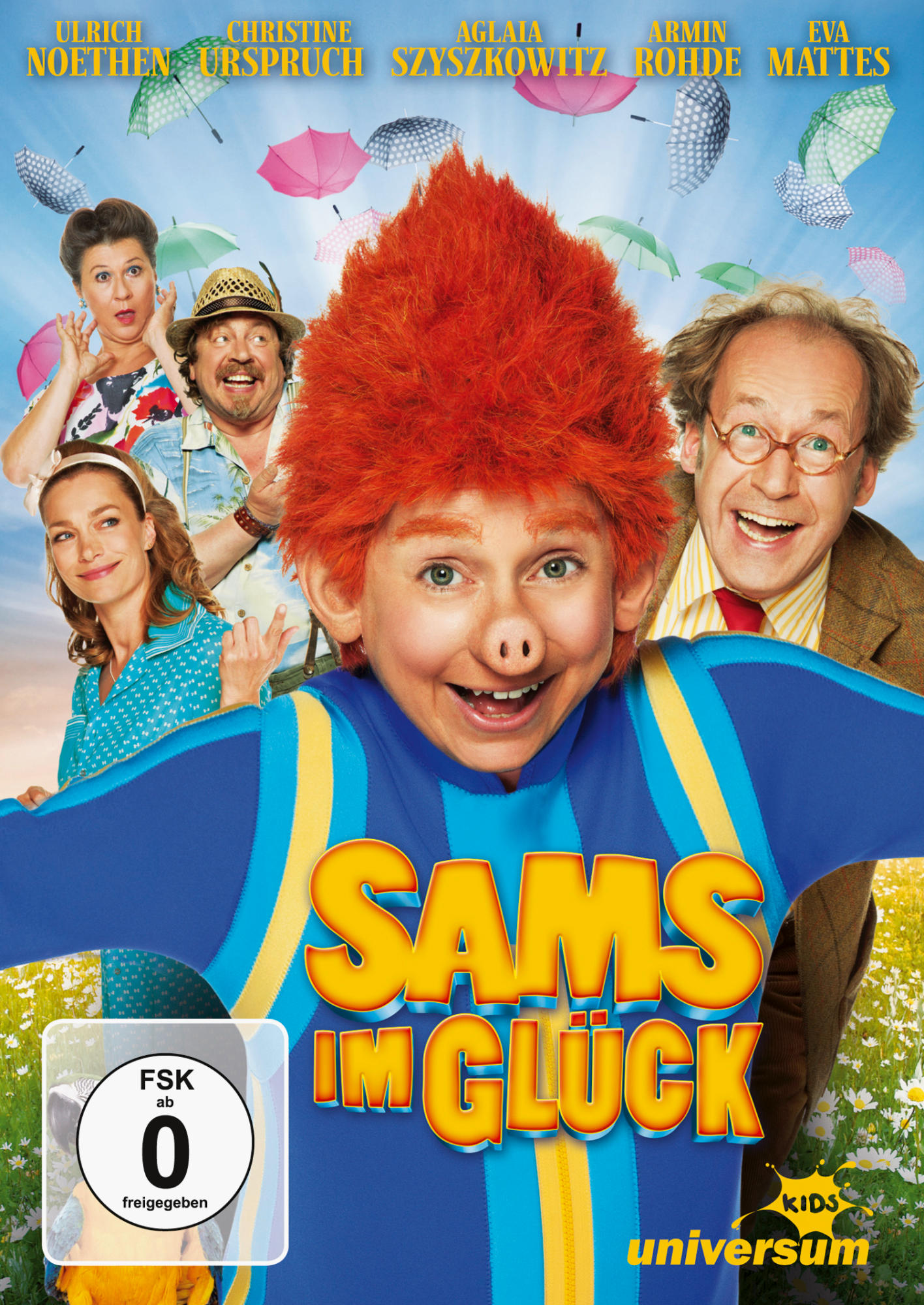 Filmposter für Sams im Glück. Ein Junge mit orangefarbenem Haar steht im Mittelpunkt. Andere Schauspieler und Schirme sind im Hintergrund.