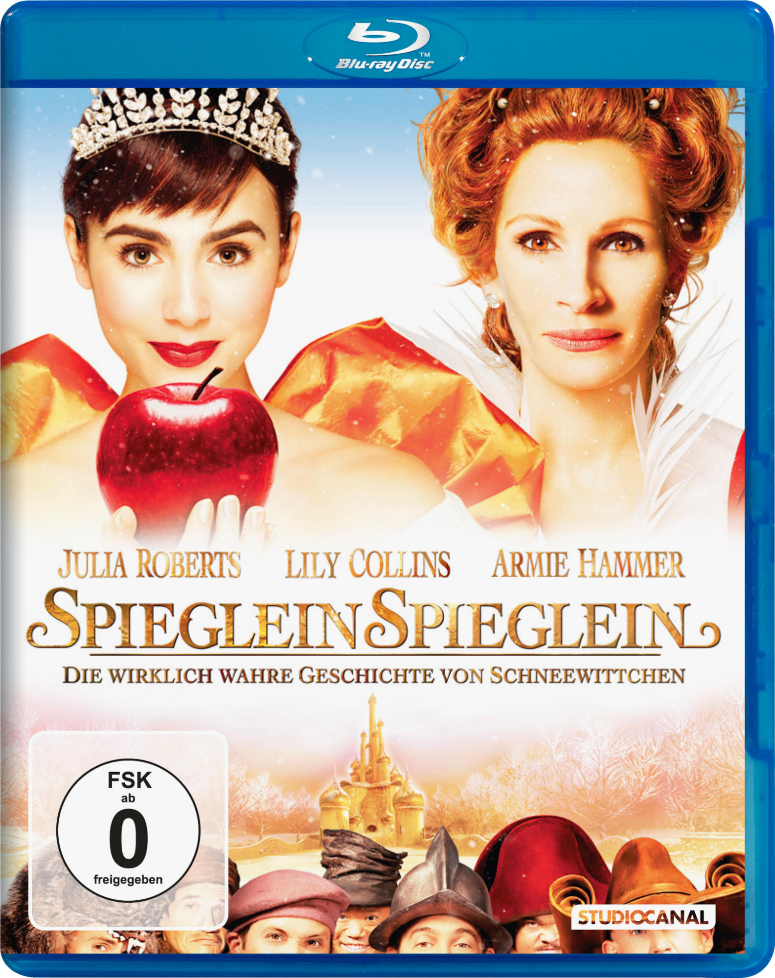 Spieglein Spieglein DVD-Cover mit Julia Roberts und Lily Collins. Es zeigt ein Schloss und Schnee.