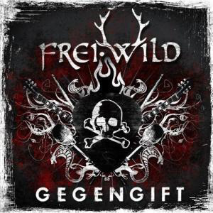 Albumcover für Frei.Wilds GegenGift. Totenkopf, Gitarren und Geweih auf rotem Grund.