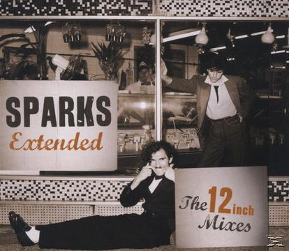 Albumcover mit Sparks. Zwei Männer, einer lächelt, einer im Schaufenster. Oranger Text.