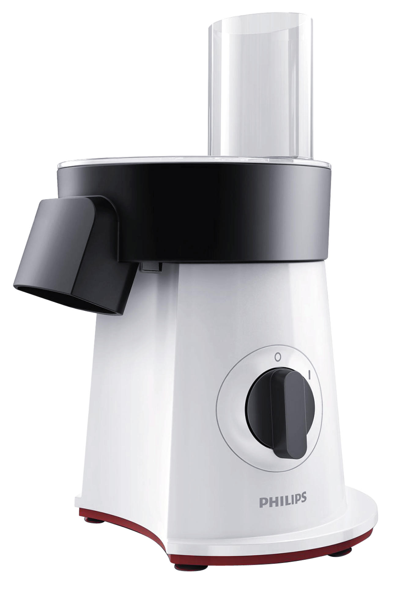 Weißer und schwarzer Küchenroboter, Marke Philips. Hat einen schwarzen Deckel und einen durchsichtigen Kunststoffbehälter.