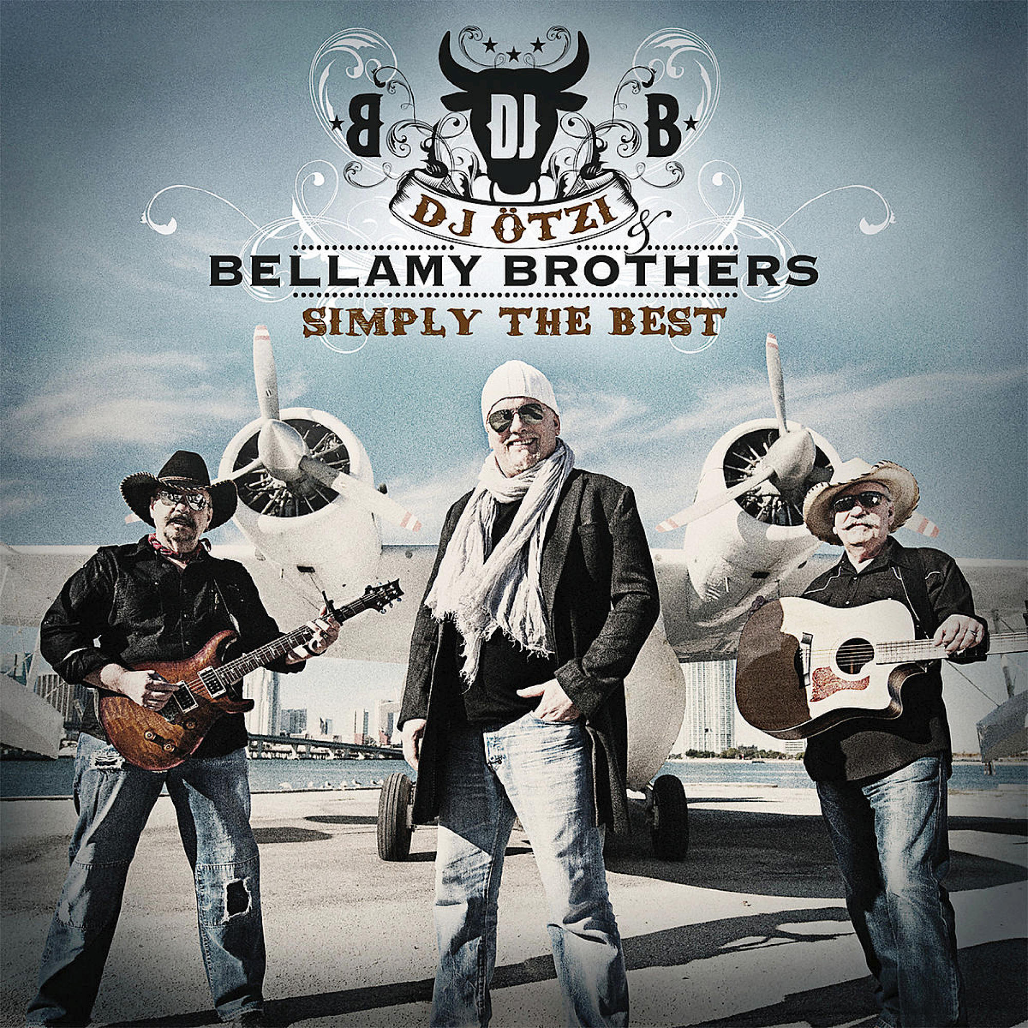Bellamy Brothers-Albumcover. Drei Männer mit Instrumenten vor zwei Flugzeugen, mit dem Text 'Simply The Best'.