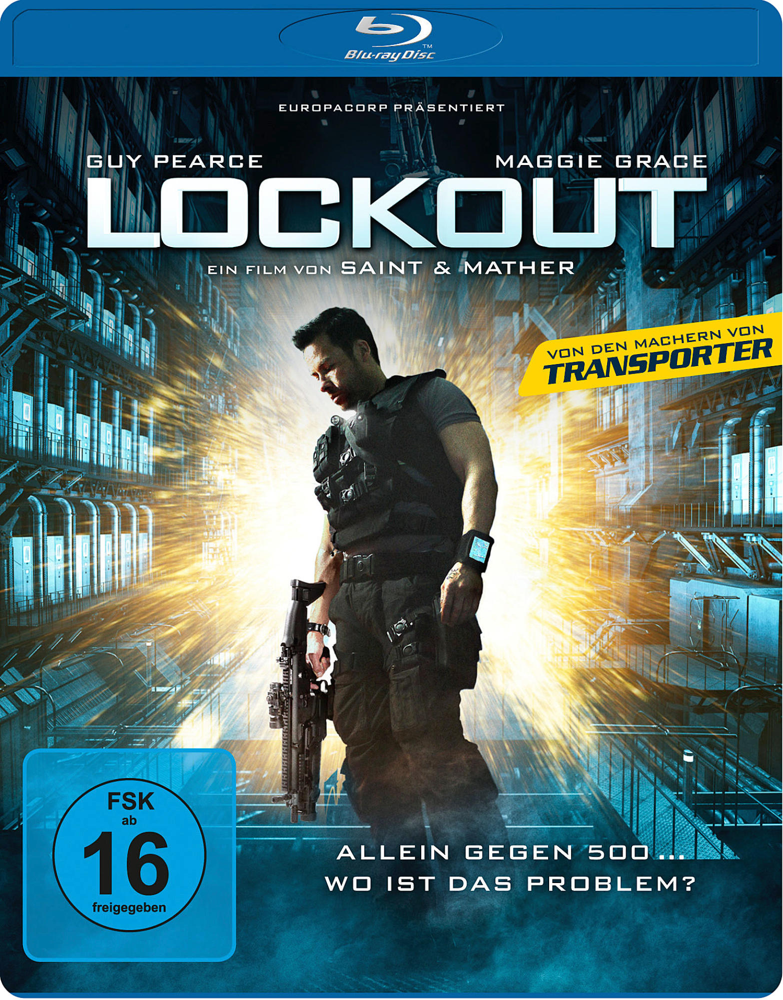 Blu-ray-Cover. Mann in taktischer Ausrüstung mit einer Waffe. Text: Lockout, Guy Pearce.