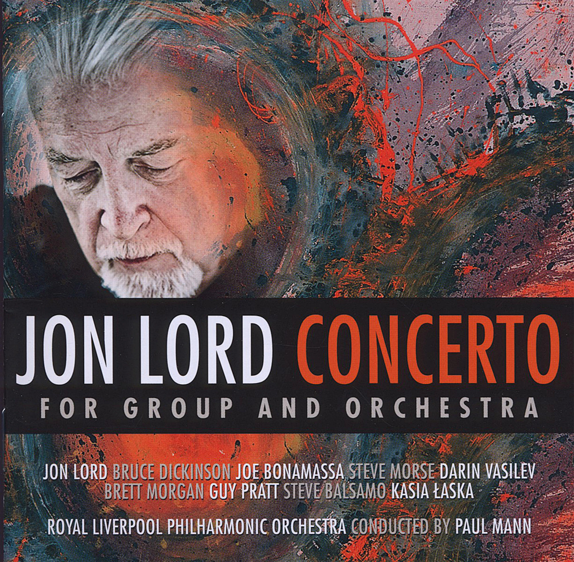 CD-Cover von Jon Lord Concerto. Foto von Jon Lord oben. Text für Gruppen- und Orchester-Mitglieder unten.