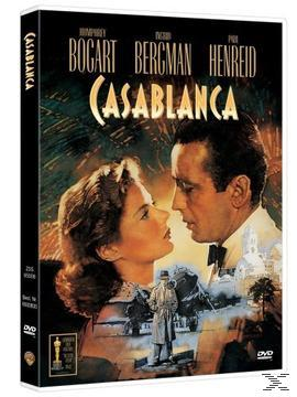 Casablanca DVD-Cover. Paar steht sich gegenüber, Figur im Hintergrund, Filmtitel.