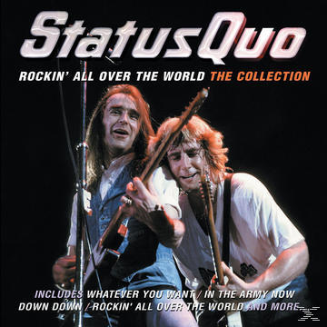 Status Quo Albumcover. Zwei Männer spielen Gitarre auf der Bühne. Titel: Rockin' All Over the World.