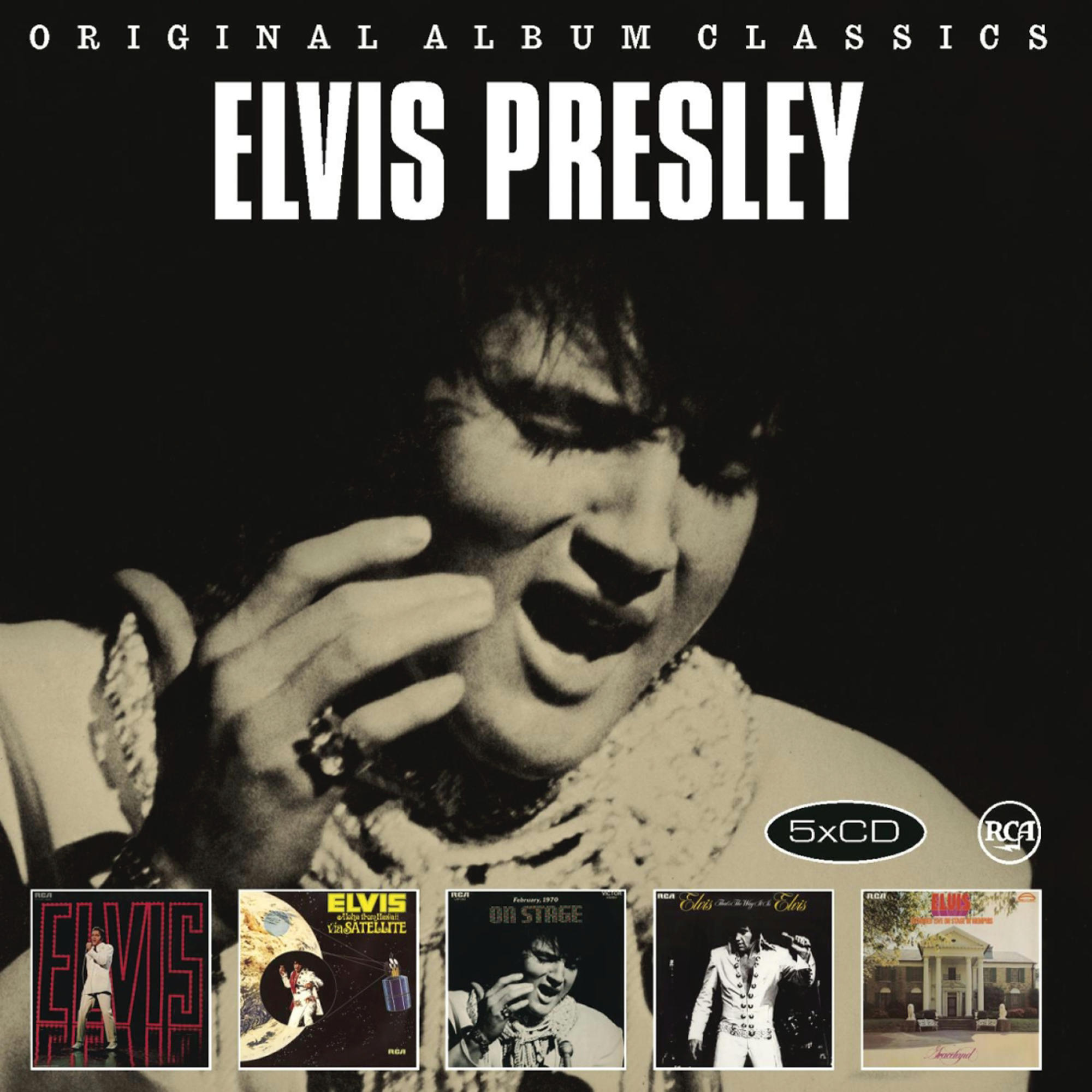 Albumcover: Elvis Presley bei einem Konzert. Titel: 'Original Album Classics'. Enthält 5 CDs. RCA-Label.