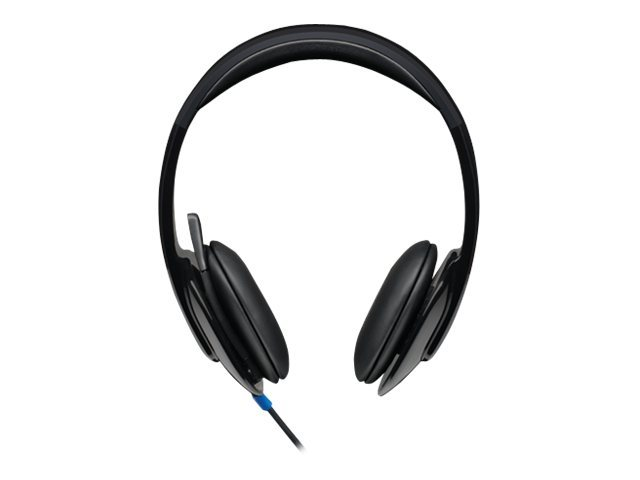 Black headphones with a blue cable, isolated on a white background.