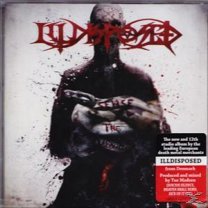 Illdisposed Albumcover. Eine dunkle Gestalt, die ein Wesen hält. Roter Text oben. Schwarz und Weiß.