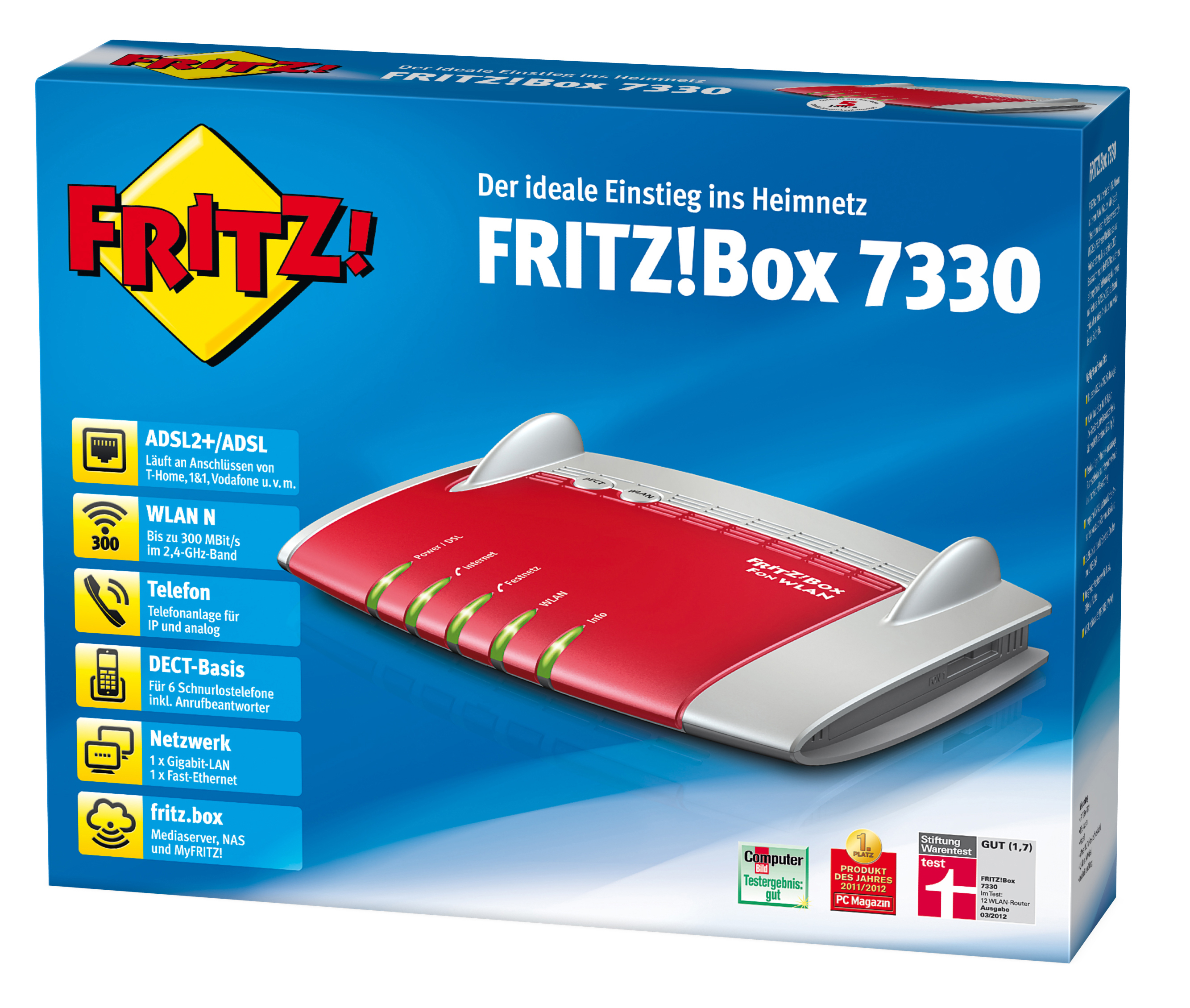 Eine Router-Box mit der Aufschrift Fritz!Box wird gezeigt. Es hat ein rot-weißes Design.