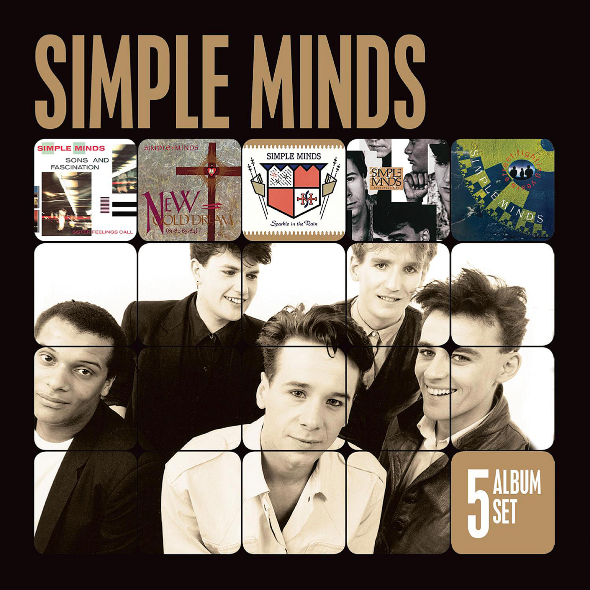Simple Minds Albumcover. Gruppenfoto mit Albumcovern in Quadraten. Text 'Simple Minds' oben.