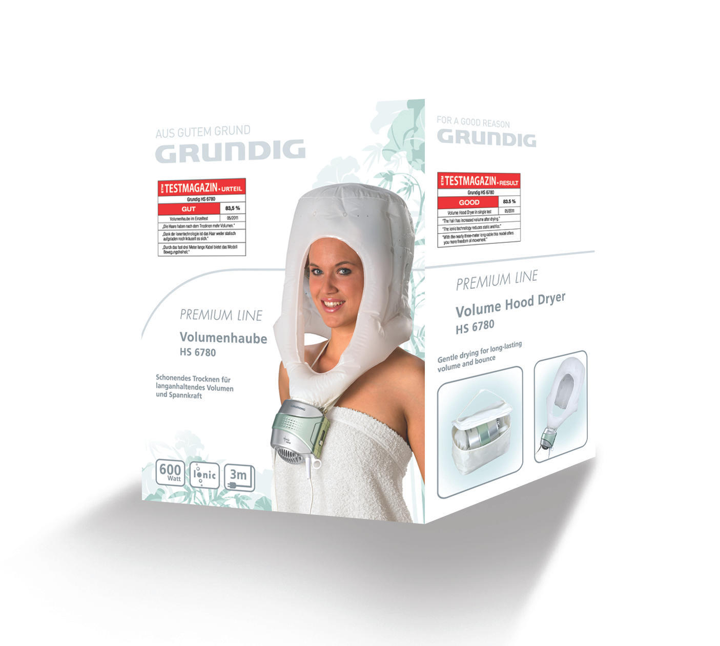 Verpackung mit einer Frau, die einen Haartrockner benutzt.