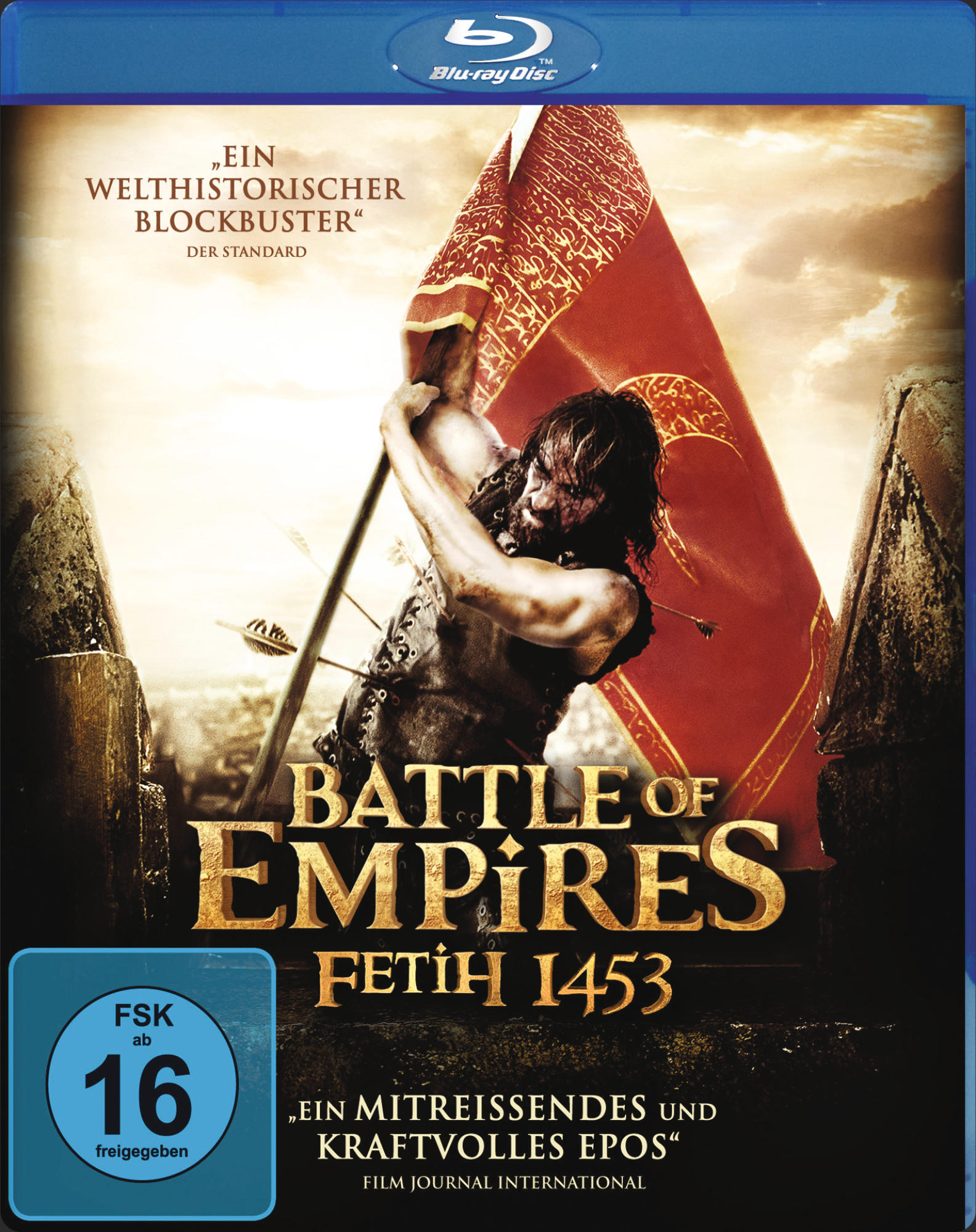 DVD-Cover von 'Battle of Empires: Fatih 1453' mit Mann mit Flagge und Text.