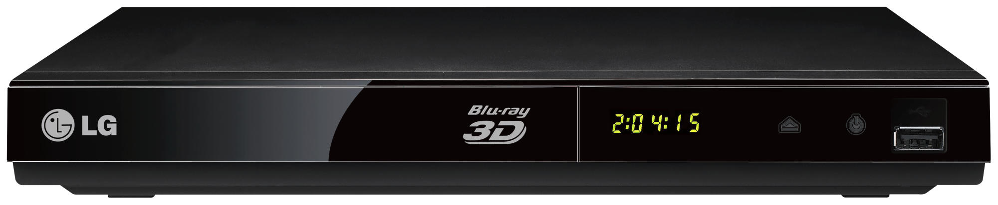 Reproductor Blu-ray LG negro que muestra 2:04:15 en su pantalla.