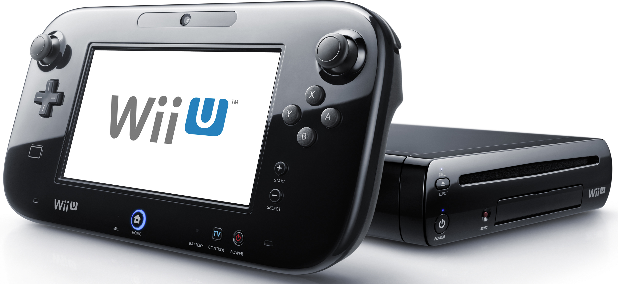 Schwarze Wii U-Konsole und Controller. Der Bildschirm zeigt das Wii U-Logo.