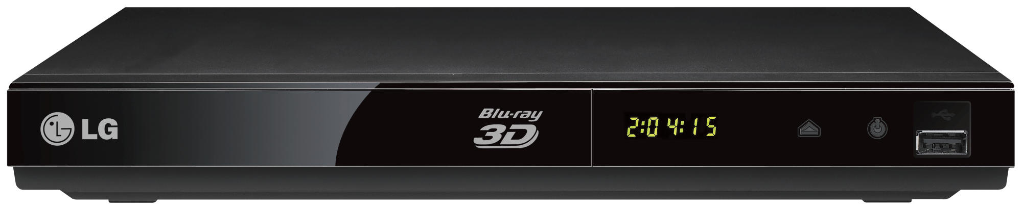 Un reproductor de DVD Blu-ray negro con una pantalla que muestra 2:04:15. Tiene los logotipos de LG y Blu-ray 3D.