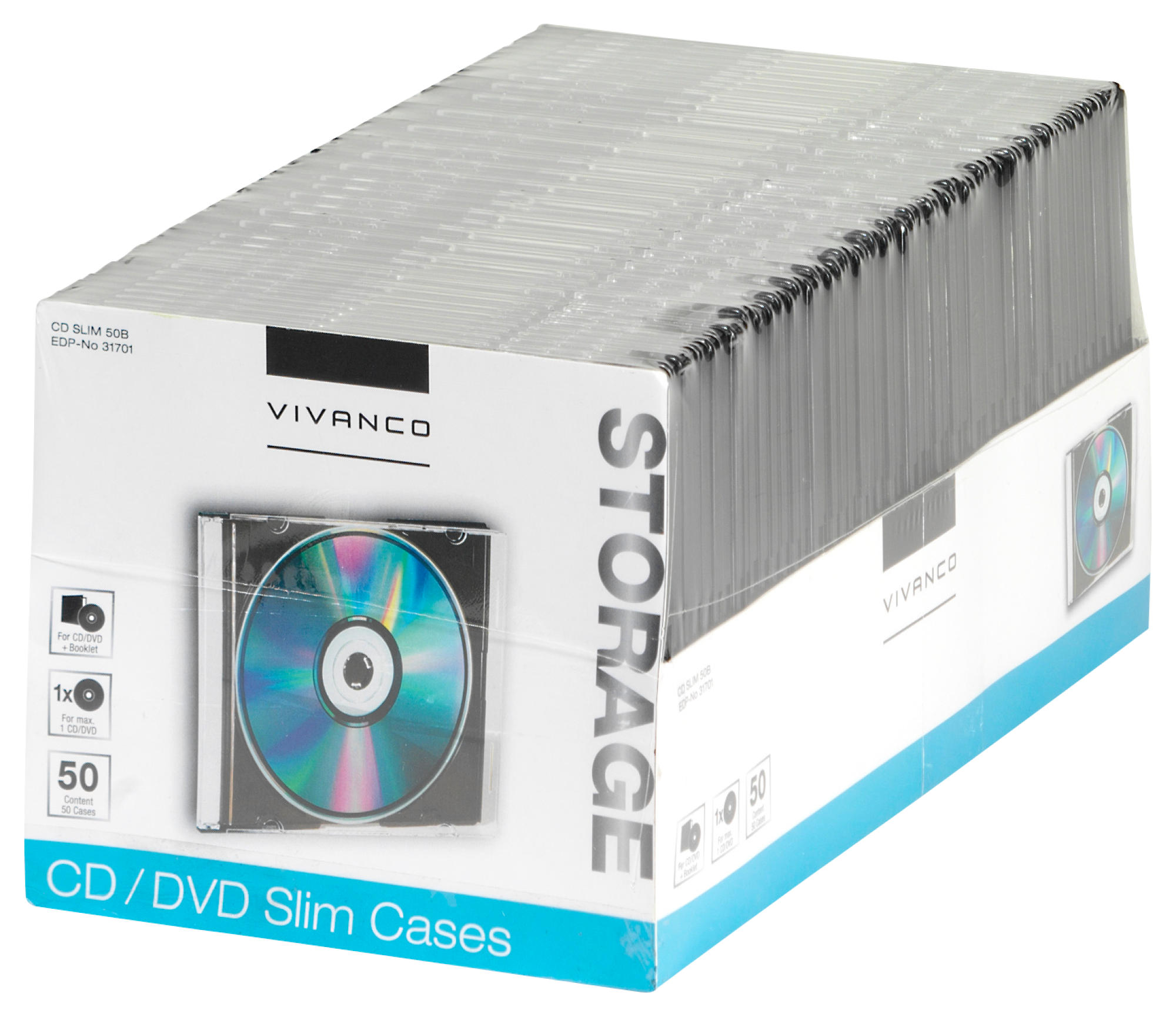Kiste mit CD-Hüllen. Die Kiste ist transparent mit schwarzen Hüllen. 'STORAGE' steht drauf.
