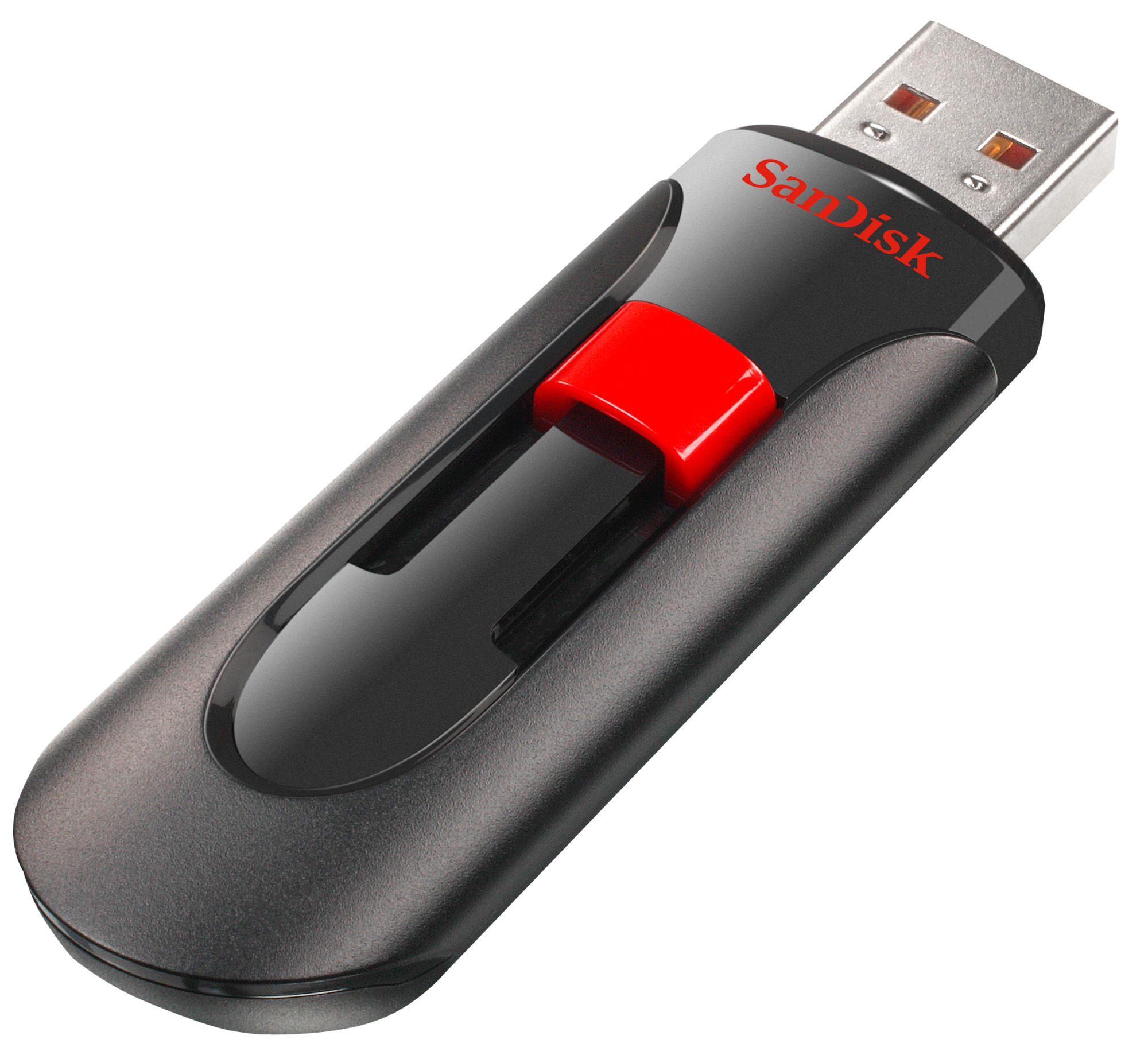 Schwarzer und roter SanDisk USB-Stick. Hat einen roten Schiebeschalter. Weißer Hintergrund.