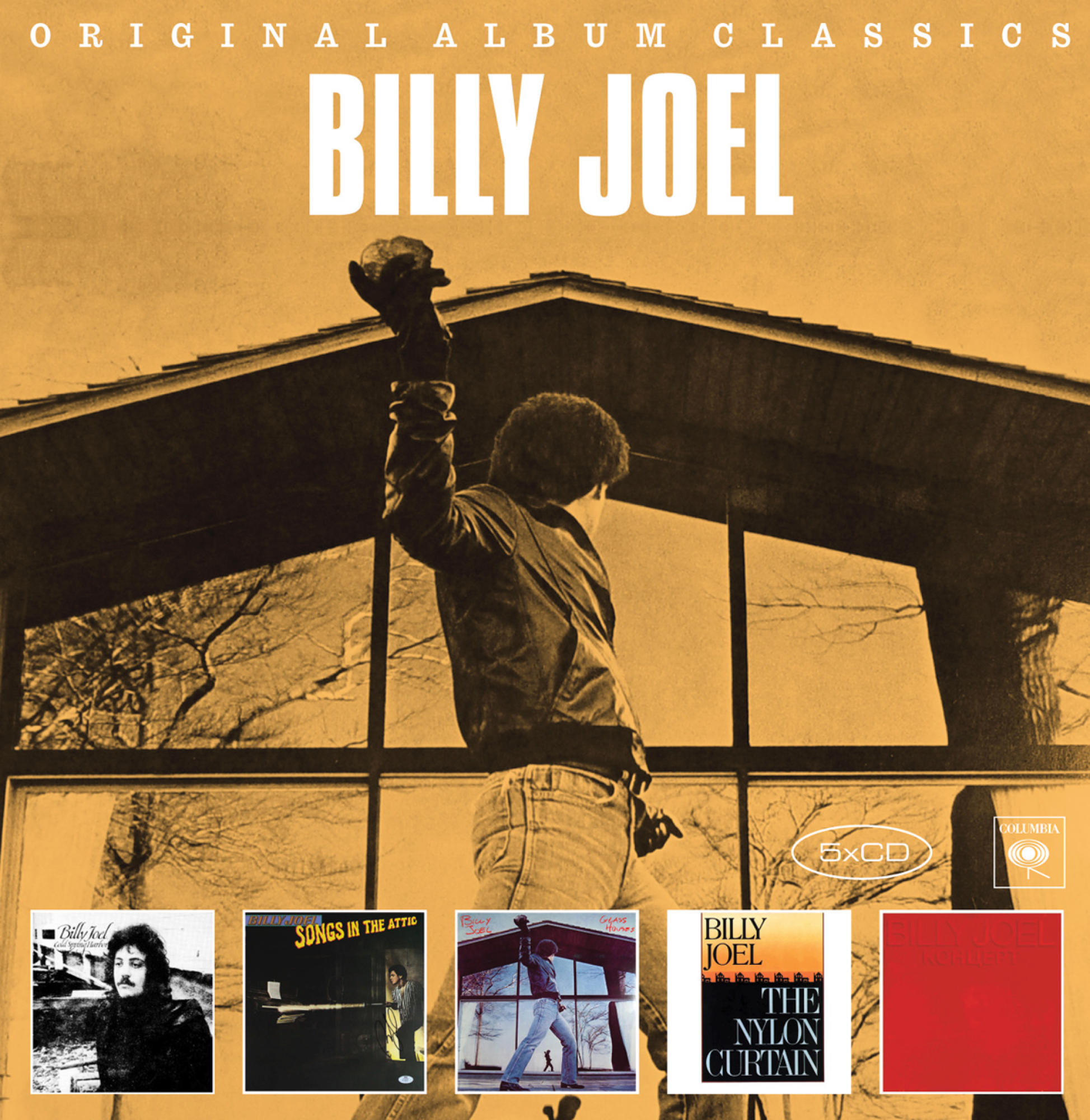 Billy Joel Albumcover. Ein Mann in einer Jacke mit erhobener Faust vor einem Haus.