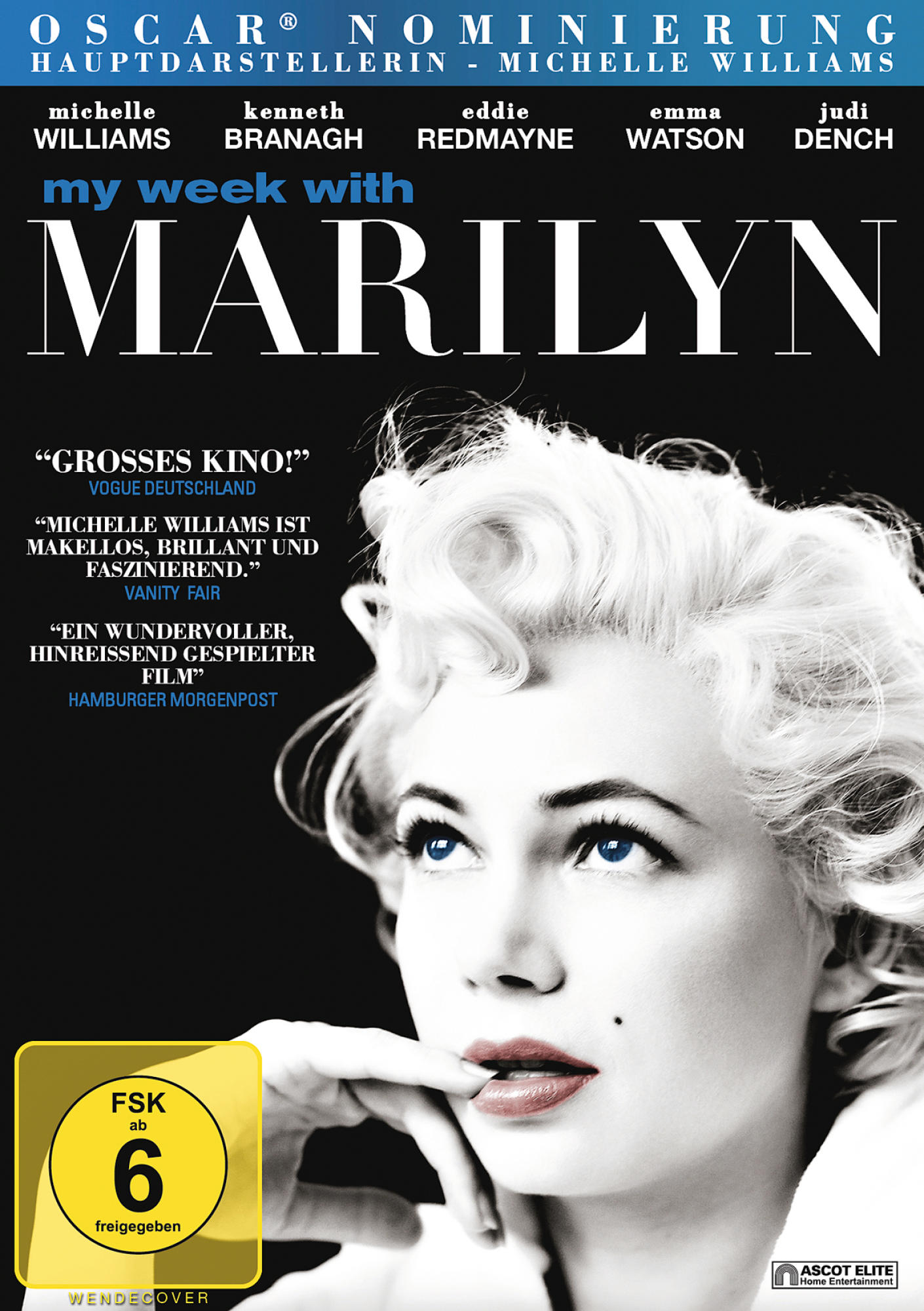 DVD-Cover für 'My Week with Marilyn'. Marilyn Monroes Gesicht, mit Text und einem gelben Rating-Badge.