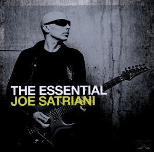 Albumcover, Joe Satriani mit Gitarre und Sonnenbrille. Fetter Text "THE ESSENTIAL JOE SATRIANI" in Gelb.