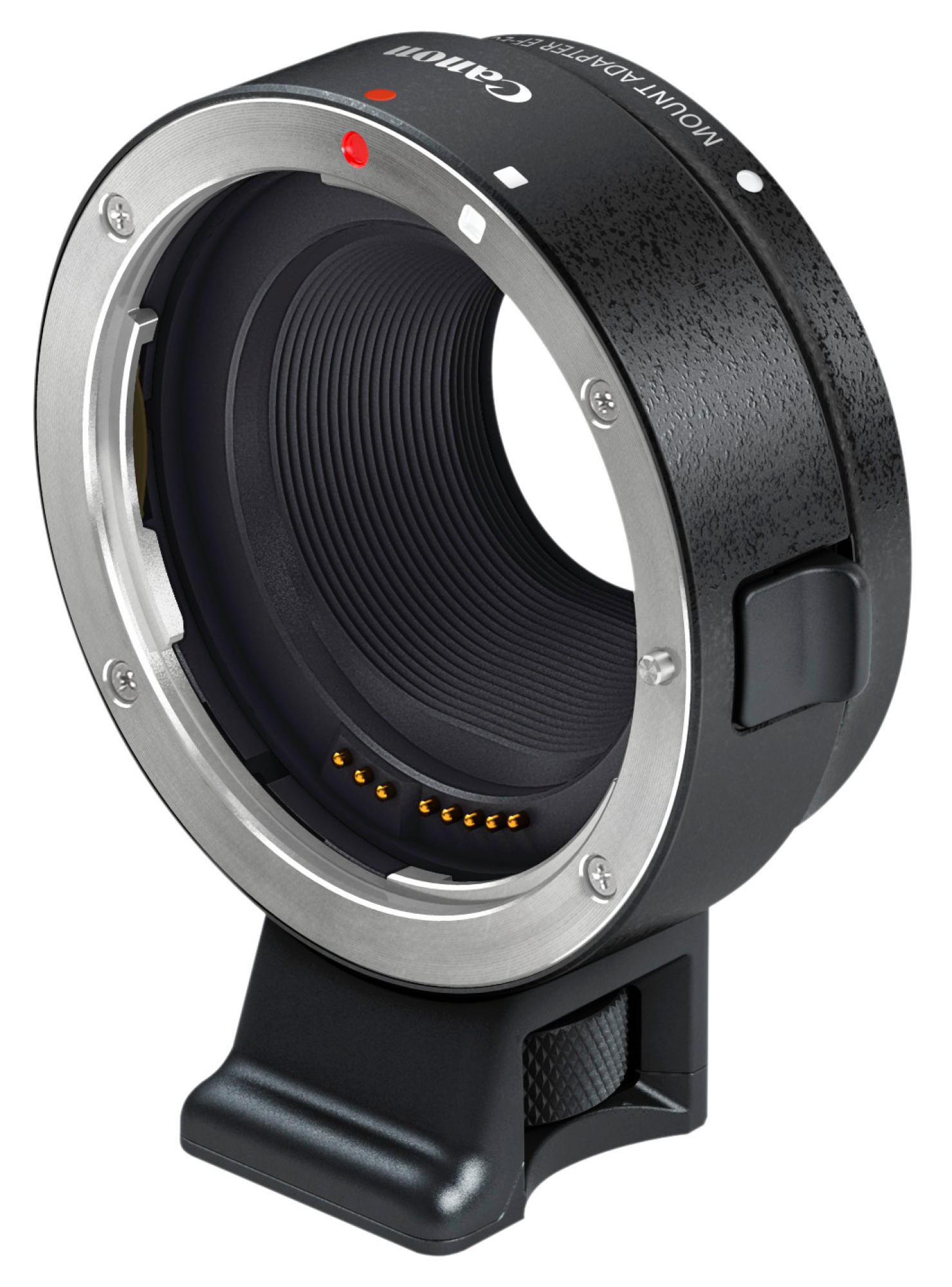 Adaptateur de monture d'objectif noir avec la marque Canon. Il a un point rouge et des accents argentés.