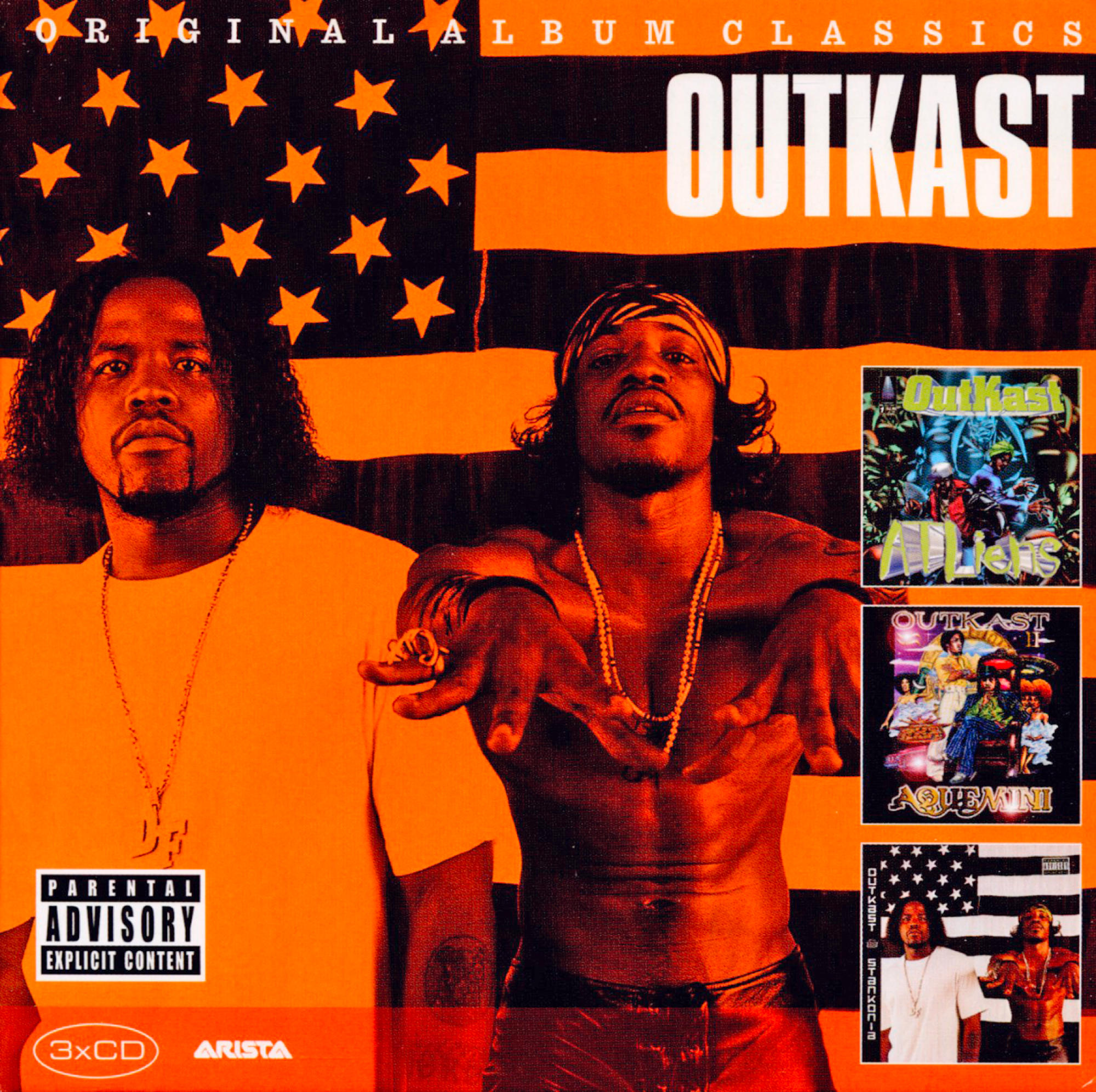 Albumcover. Zwei Männer vor einer amerikanischen Flagge. Albumname 'OUTKAST' und andere Album-Kunst.