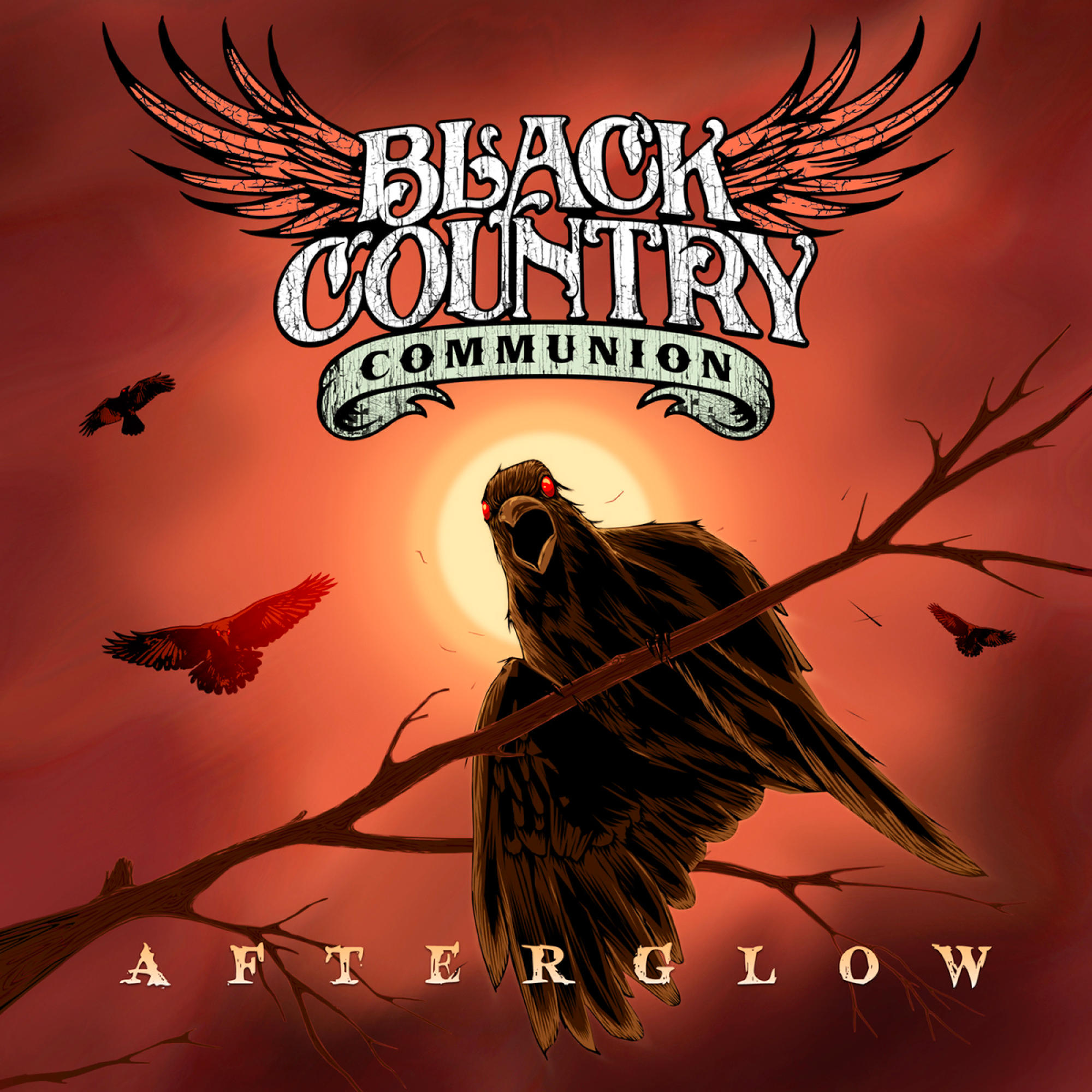Albumcover eines Raben auf einem Ast mit rotem Himmel und dem Namen Black Country Communion.