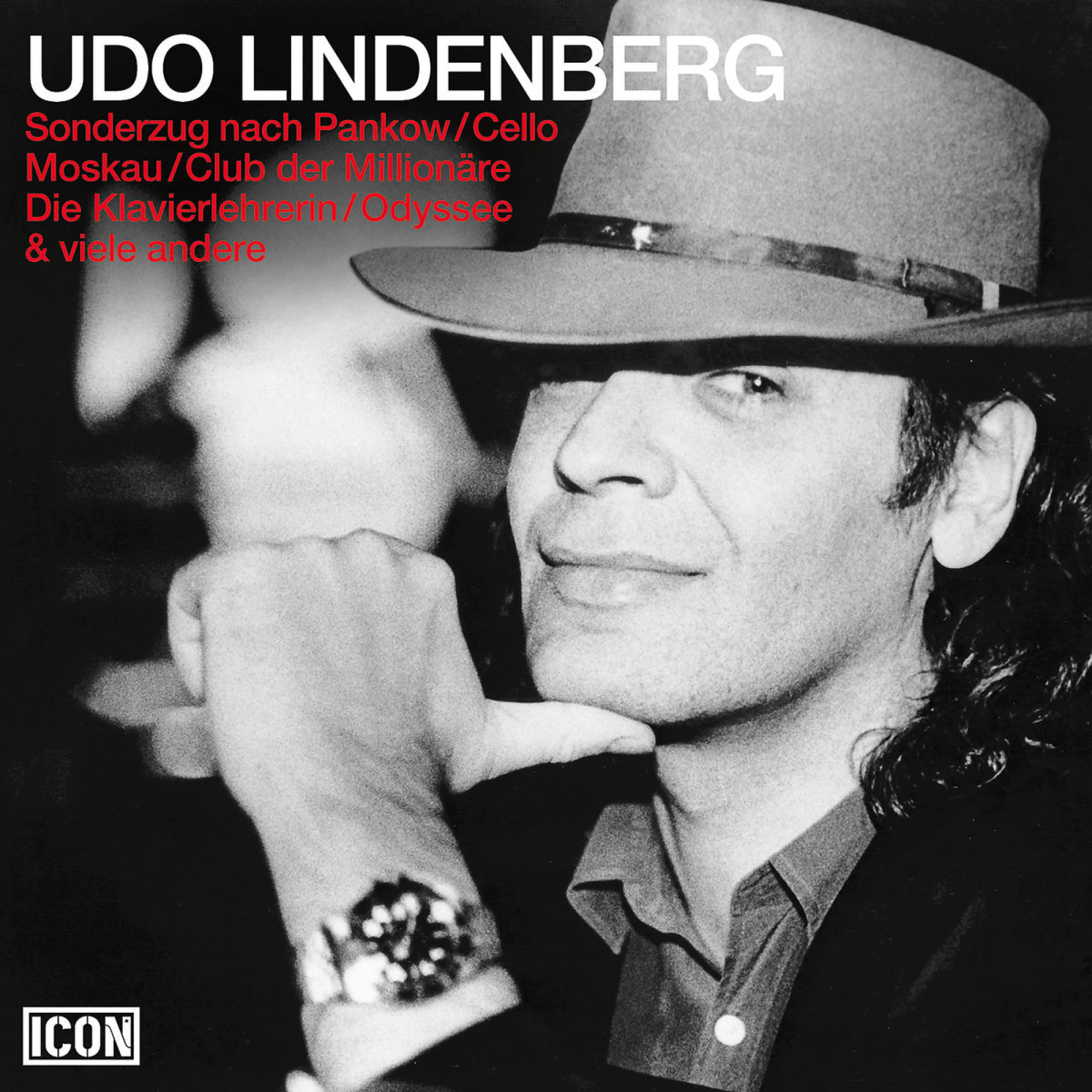 Albumcover mit Udo Lindenberg. Schwarz-Weiß-Foto von ihm mit Hut, Hand am Kinn.