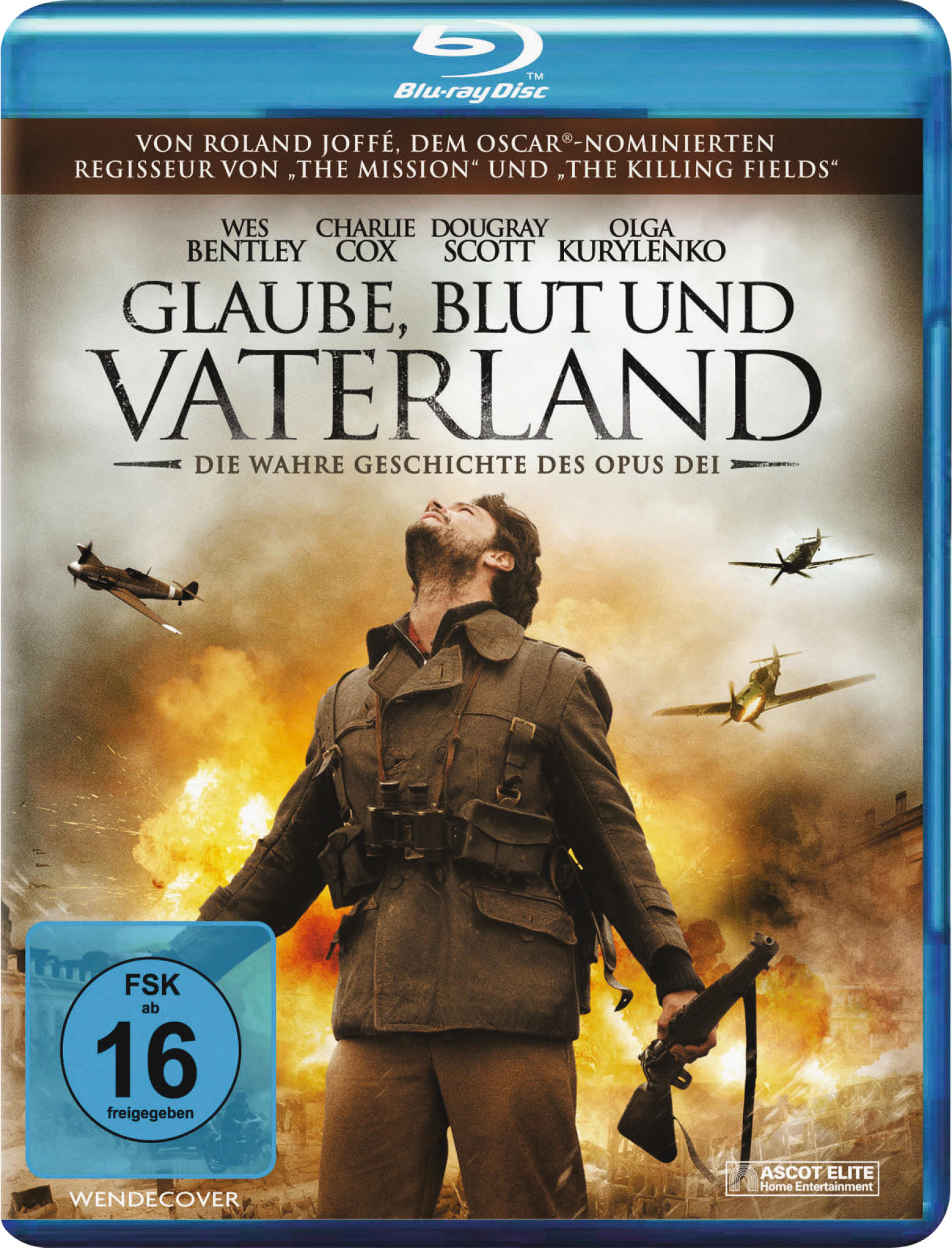 Blu-ray-Filmcover mit einem Mann, der zu Flugzeugen aufschaut. Deutscher Text, Kriegsthema. Blauer Rahmen.
