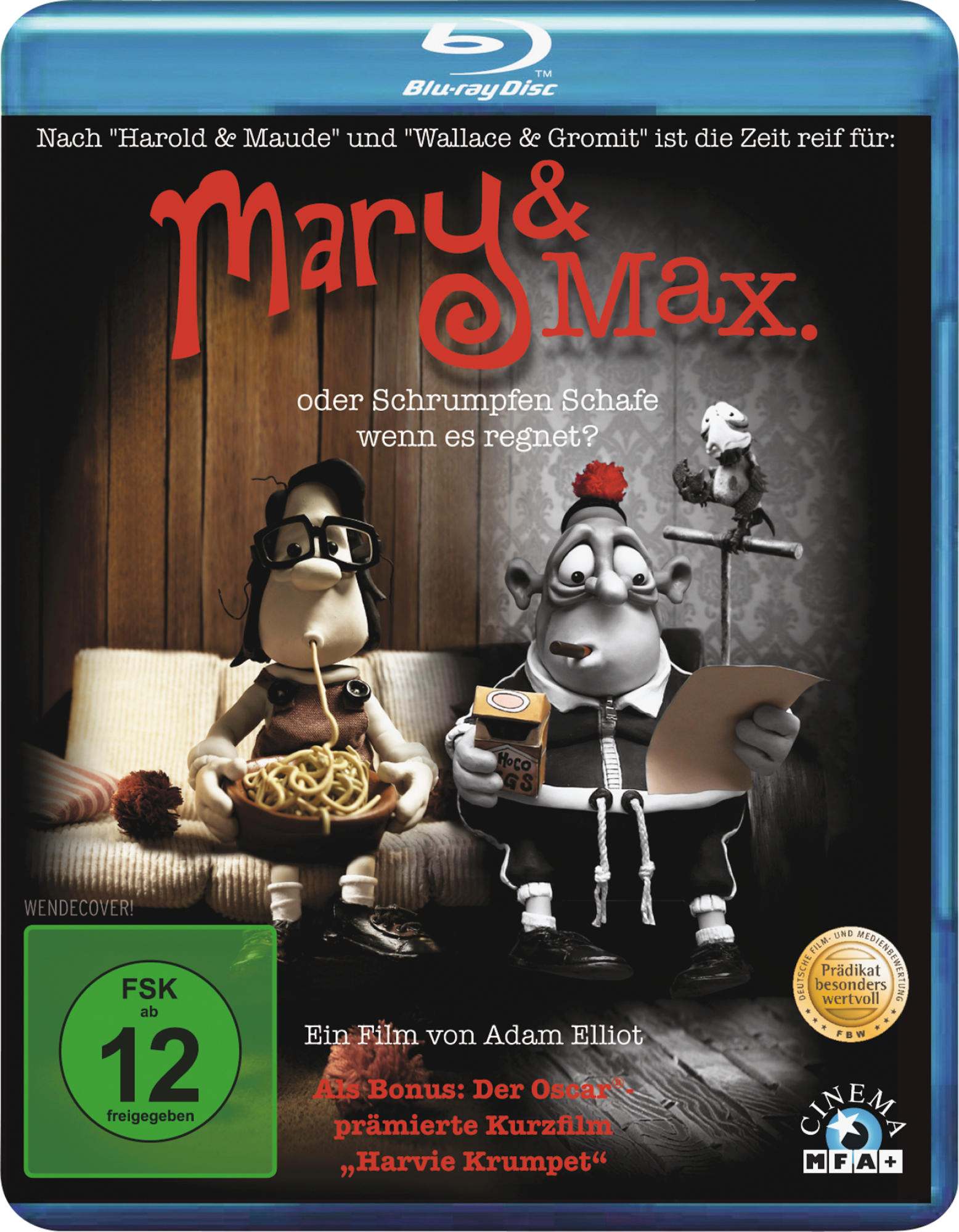 DVD-Cover von 'Mary & Max', mit zwei Zeichentrickfiguren auf einem Sofa.