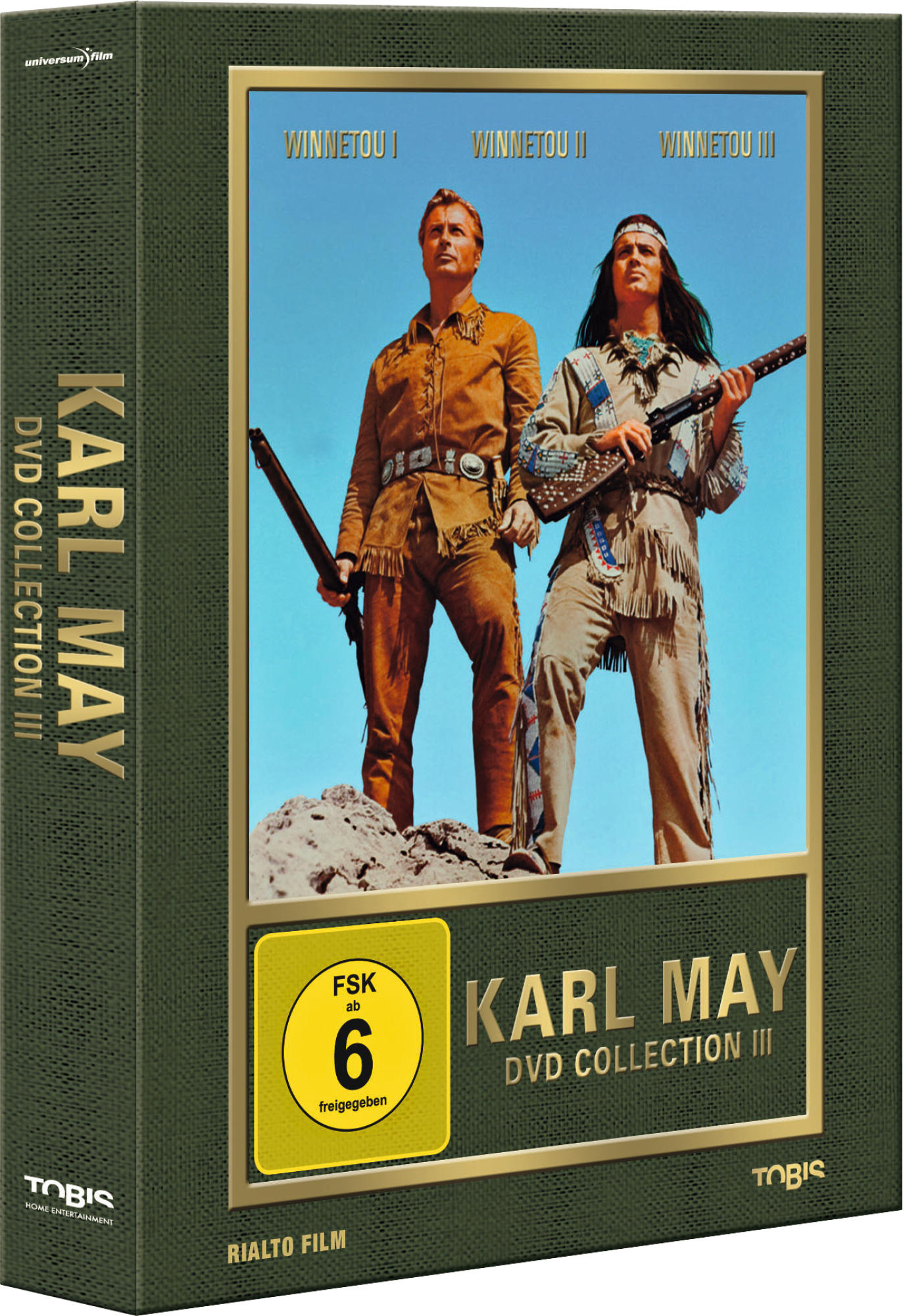 DVD-Sammlungsbox mit Karl-May-Filmen. Die Box ist grün und hat Bilder der Schauspieler darauf.