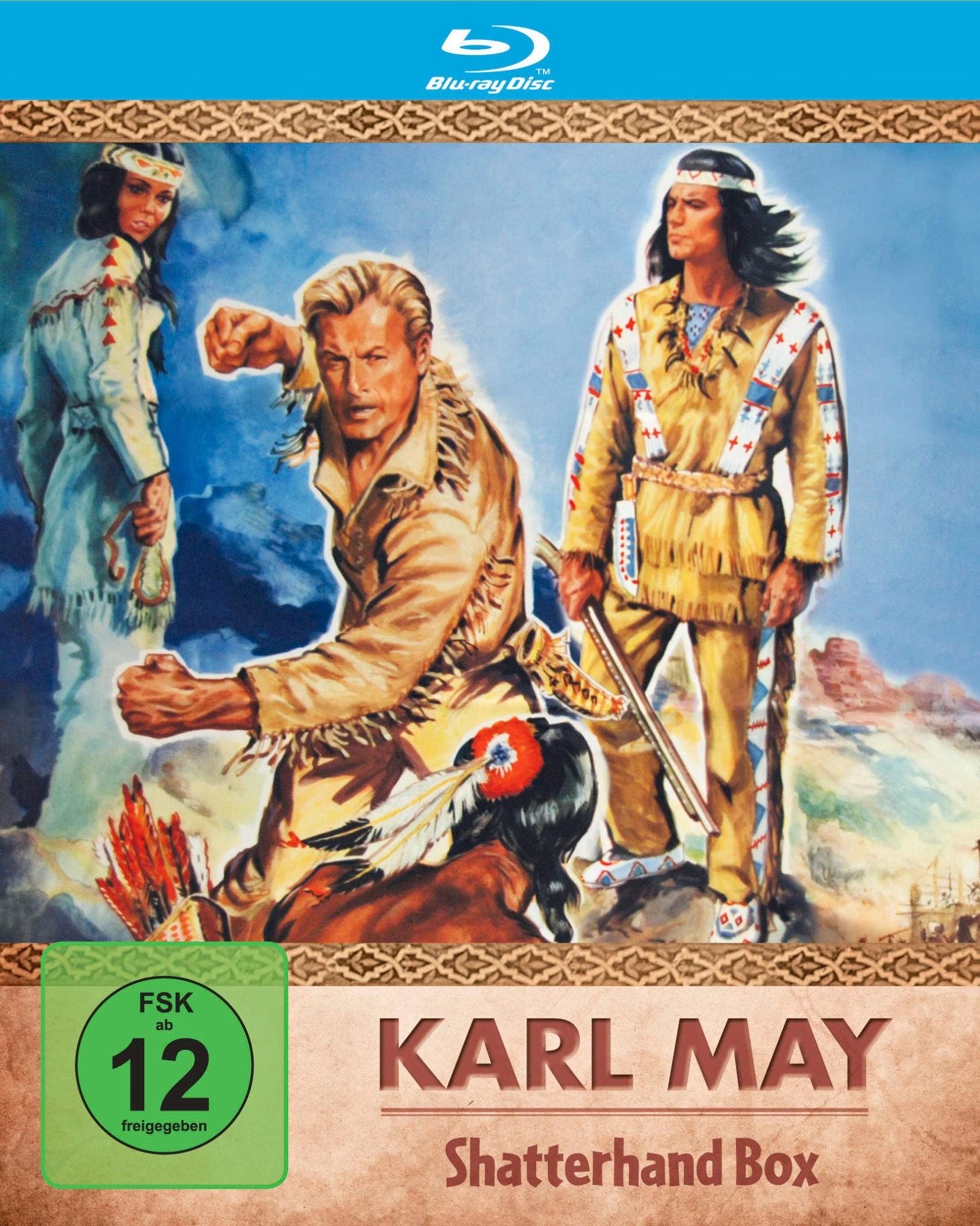 Filmcover: Blonder Mann, Indianer, Titel 'Karl May Shatterhand Box', blauer Himmel.
