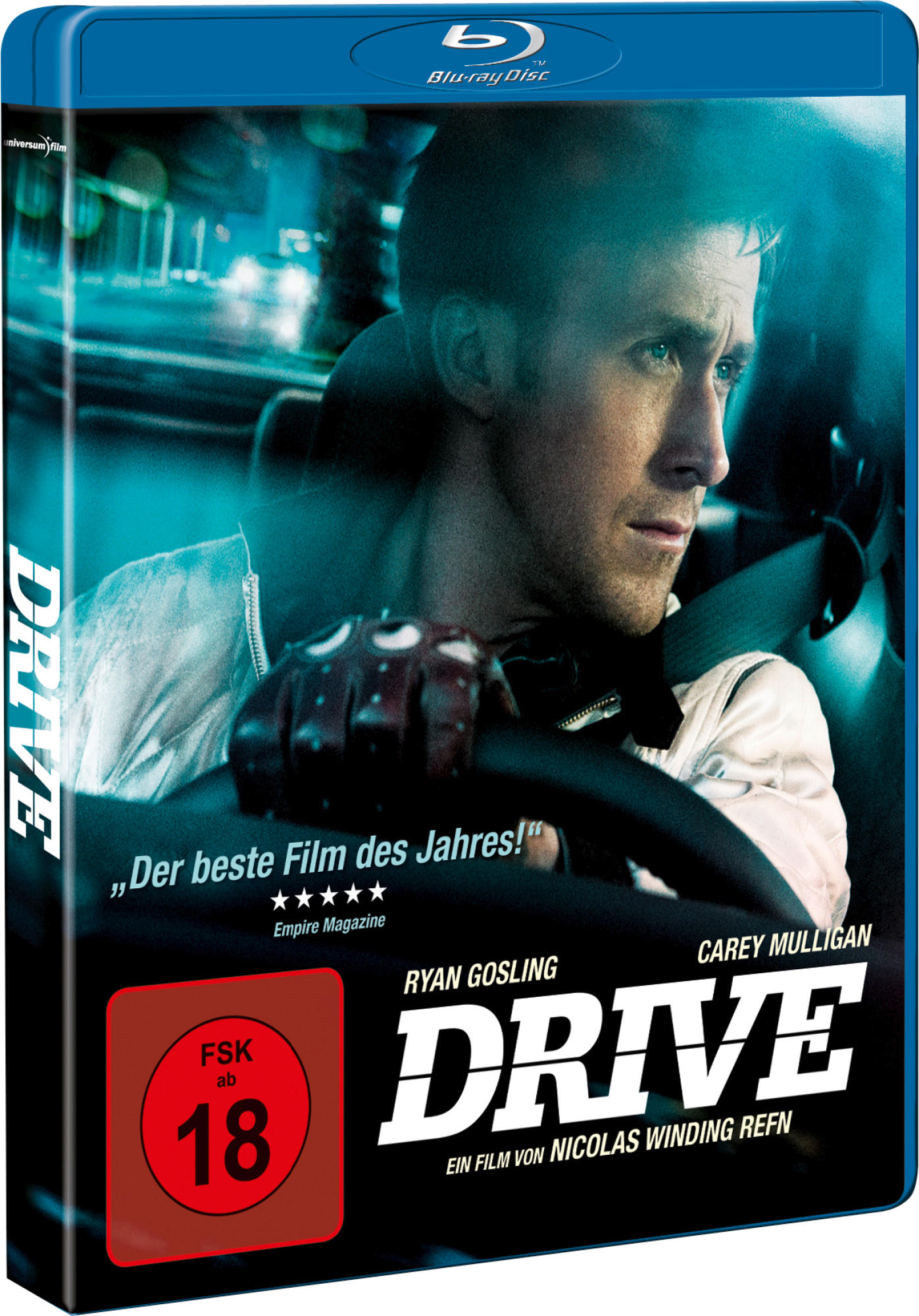 DVD-Cover: Ryan Gosling im Auto, Titel 'Drive', FSK 18.