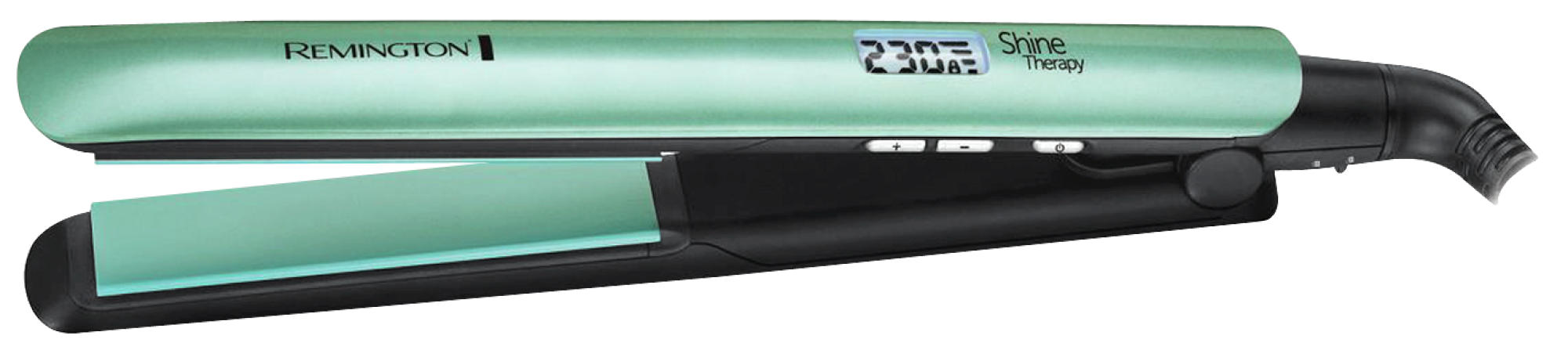 Prostownica do włosów Remington Shine Therapy, miętowo-zielona i czarna.