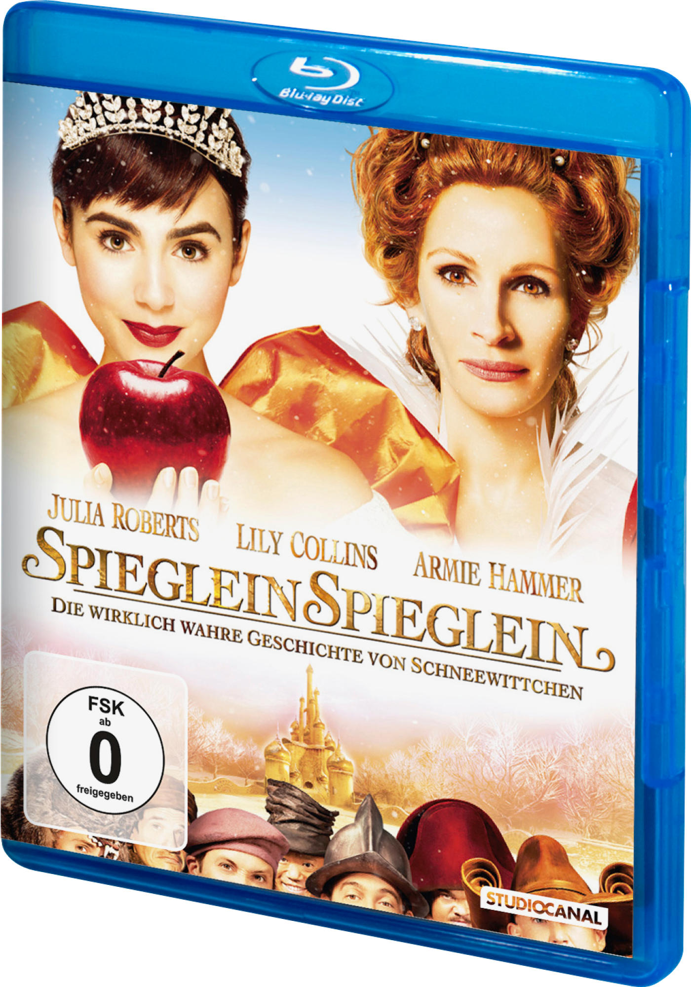 Ein Blu-ray-Disc-Cover für den Film Spieglein Spieglein, mit Julia Roberts und Lily Collins.