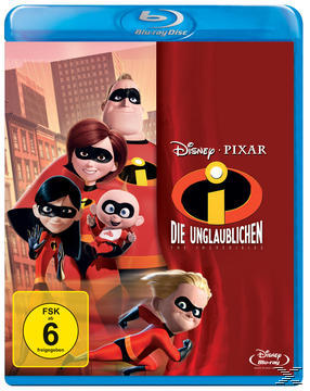 DVD-Cover von 'Die Unglaublichen', mit der Familie in Superhelden-Kostümen, mit blauem Disc-Branding.