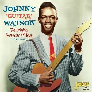 Johnny Guitar Watson Albumcover. Mann mit Gitarre im Anzug, lächelnd. Text: The Original Gangster.