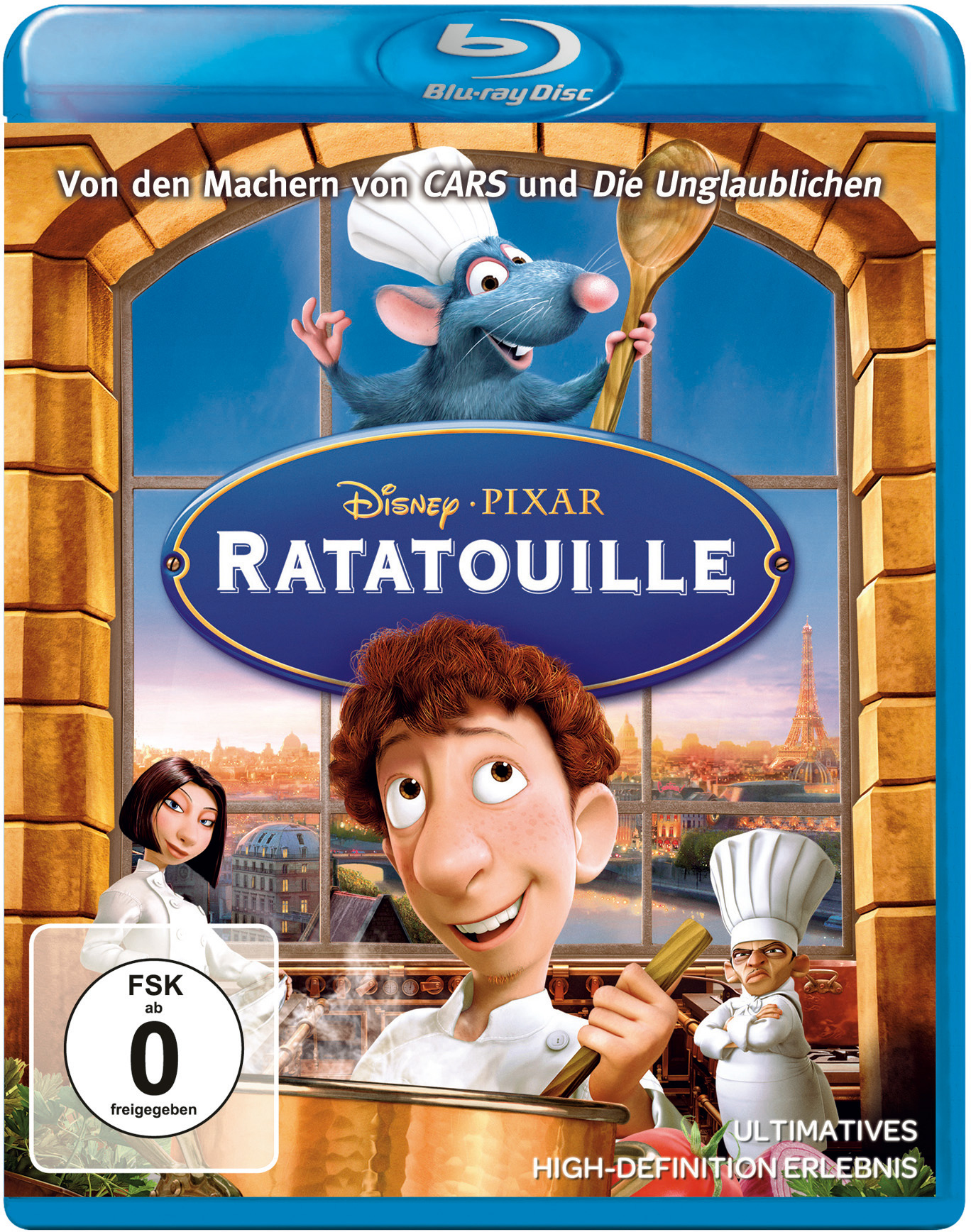 Blu-ray-Cover. Cartoon-Rattenkoch kocht. Eiffelturm im Hintergrund. Titel 'Ratatouille'. Disney Pixar Film.