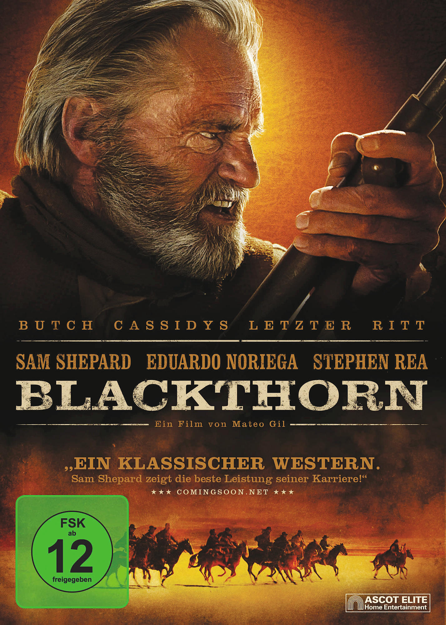 Filmposter: Ein älterer Mann mit einer Waffe. Der Text enthält Filmtitel und Namen der Schauspieler. Der Hintergrund ist rot-orange.