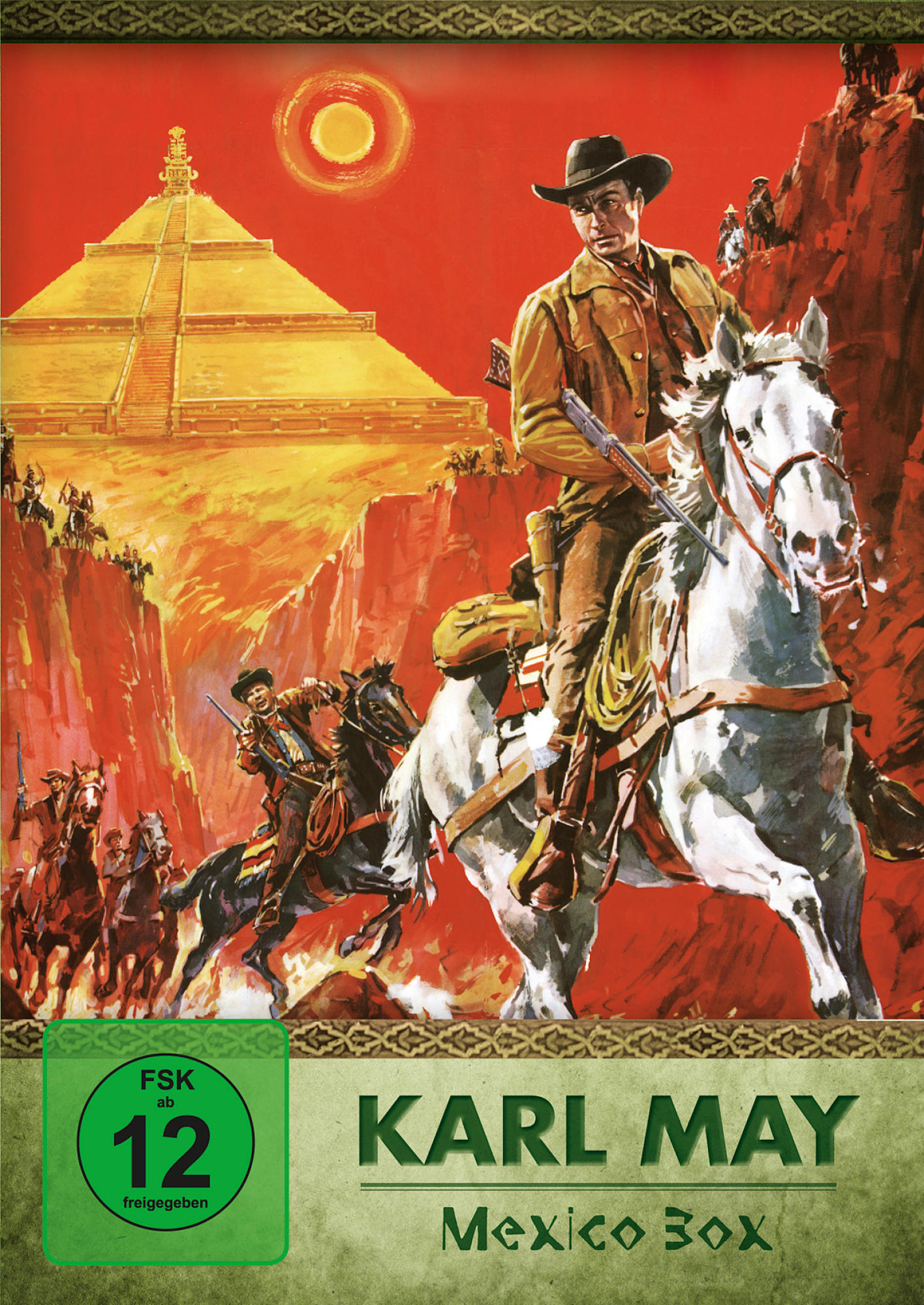 Filmposter: Ein Mann auf einem weißen Pferd reitet in einer Wüstenszene. 'KARL MAY' und 'Mexico Box'.