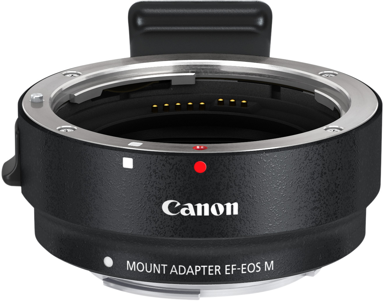 Un adaptateur d'objectif Canon noir avec le logo Canon et un point rouge.