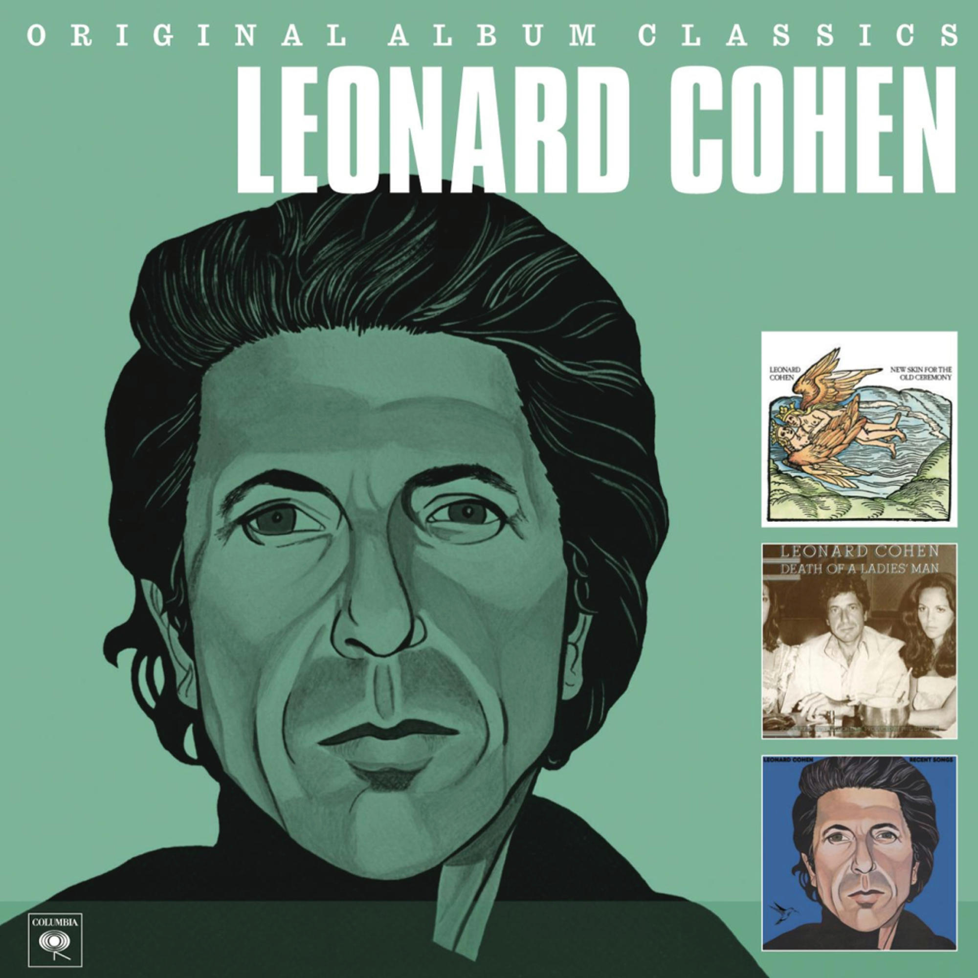 Albumcover für Leonard Cohen. Porträt von Cohen und Miniaturansichten von Albumcovern sind rechts.