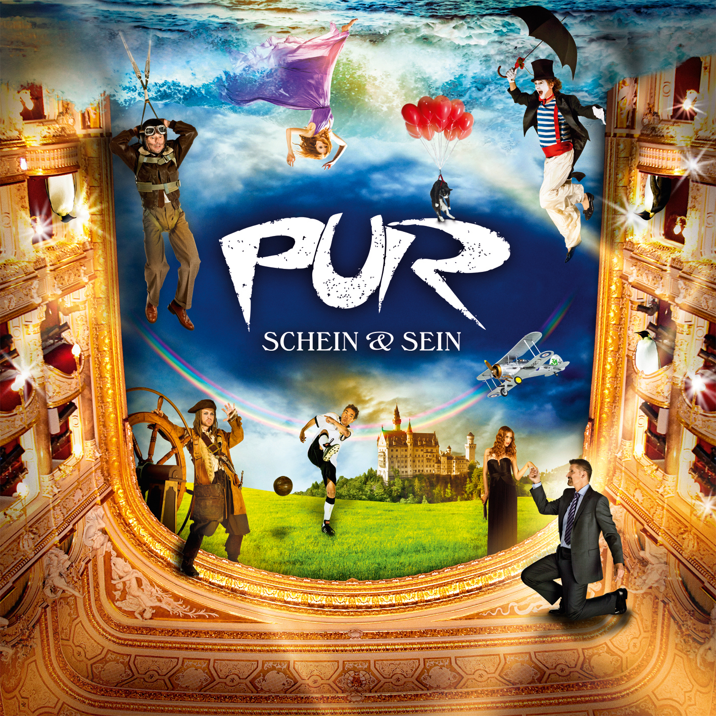 PUR Schein & Sein Albumcover. Personen in einer Theaterszene, ein Fußballfeld und ein Schloss.