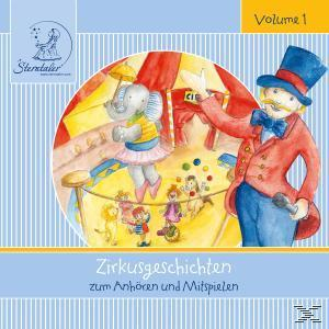 Albumcover-Illustration mit einer Zirkusszene mit einem Elefanten, einem Zirkusdirektor und kleinen Kindern.