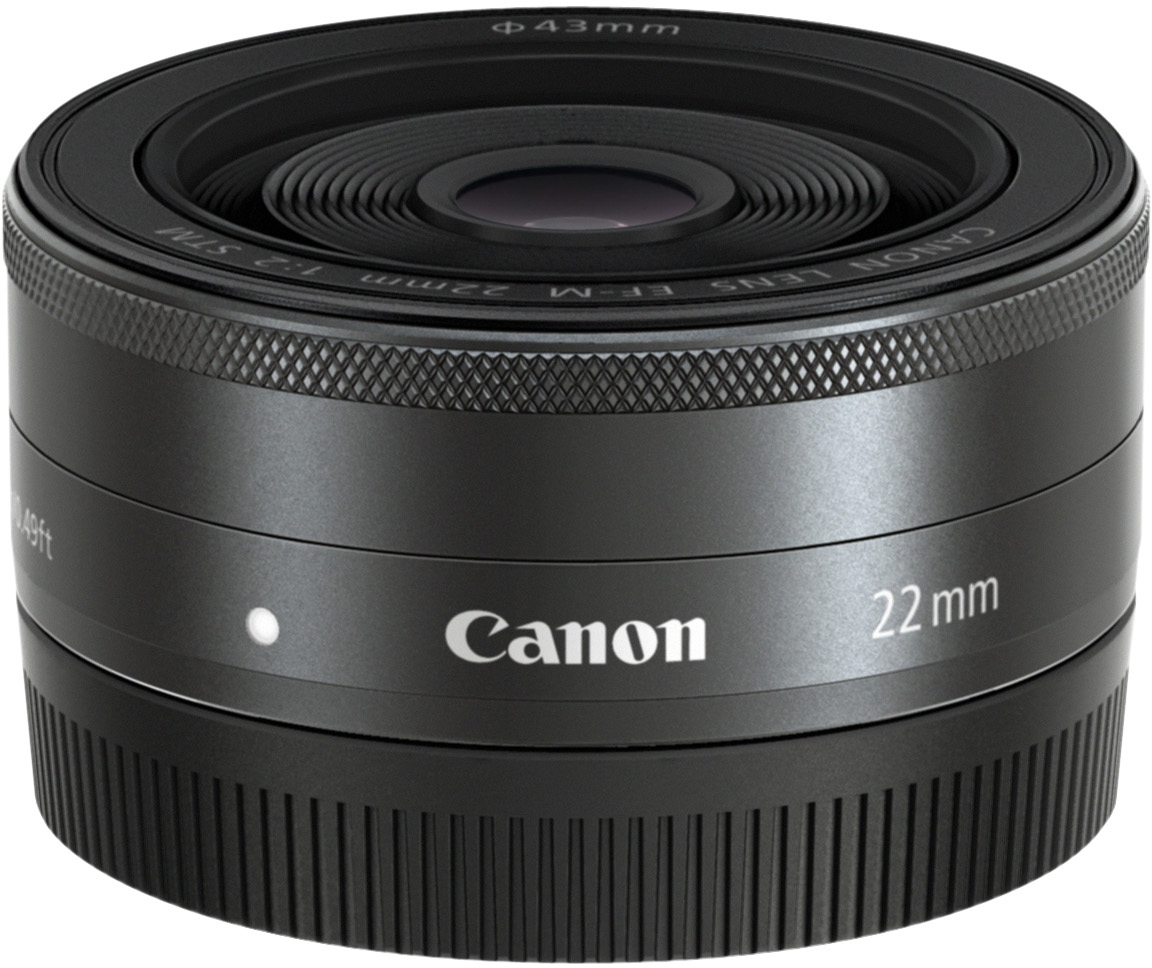 Schwarzes Canon 22mm Objektiv mit 'Canon' und '22 mm' Aufschrift an der Seite.