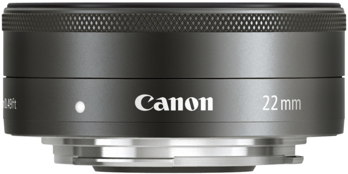 Canon 22mm Kameraobjektiv, schwarz mit silbernen Akzenten, auf weißem Hintergrund.