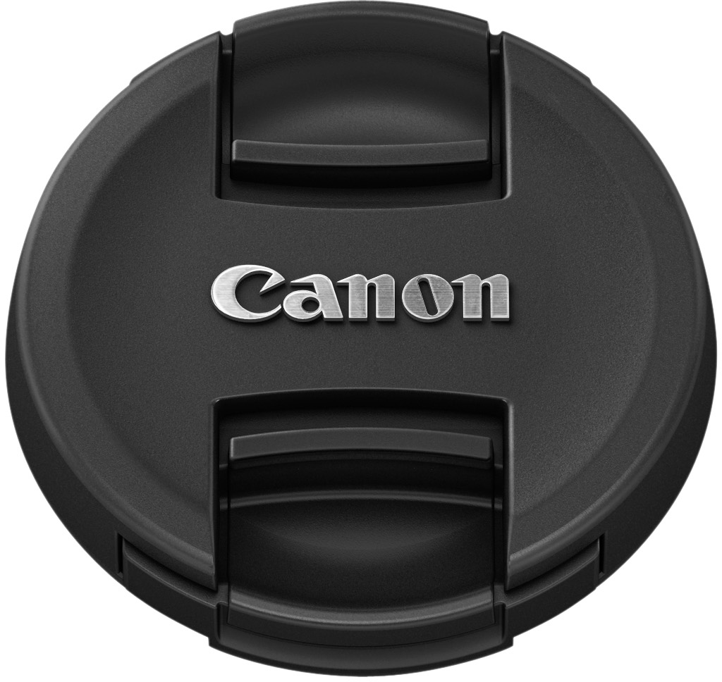 Schwarze Canon Objektivkappe mit silbernem Canon-Logo mittig.