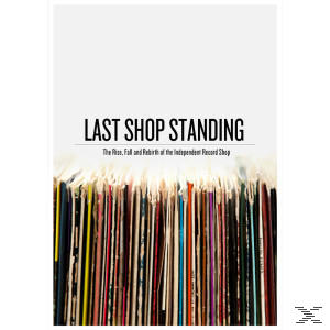 Buchcover mit Stapeln von Schallplatten und Text 'Last Shop Standing'. Weißer Hintergrund und schwarzer Text.