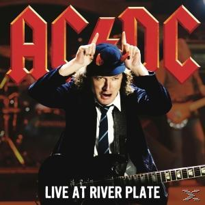 AC/DC album borító: Angus Young szarvakkal, gitárt tartva, a színpadon, "LIVE AT RIVER PLATE" szöveggel.